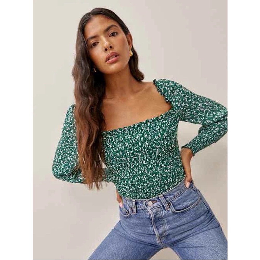 Reformation Pinto‎ Long Puff Sleeve Smocked Top in Parsley Green & White Floral